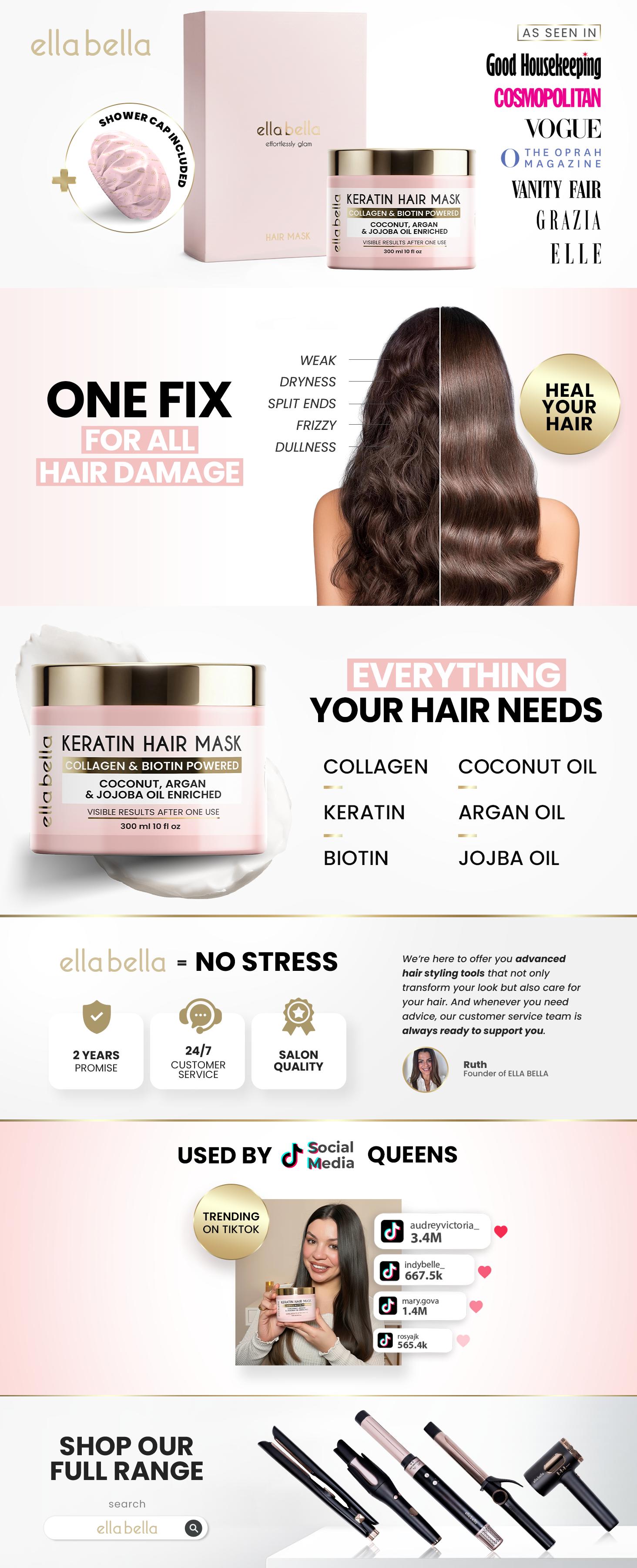 ELLA BELLA Keratin Hair Mask – Deep Conditioning Hair Treatment & Hair Repair Mask for Dry, Damaged, Curly, and Color-Treated Hair – Hydrating Deep Conditioner for Softness, Shine & Growth