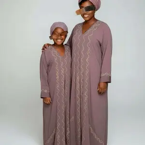 Mbalu Mommy & Me Abaya in Dusty Mauve with Elegant Embroidered Design & Gold Accents for Women and Children