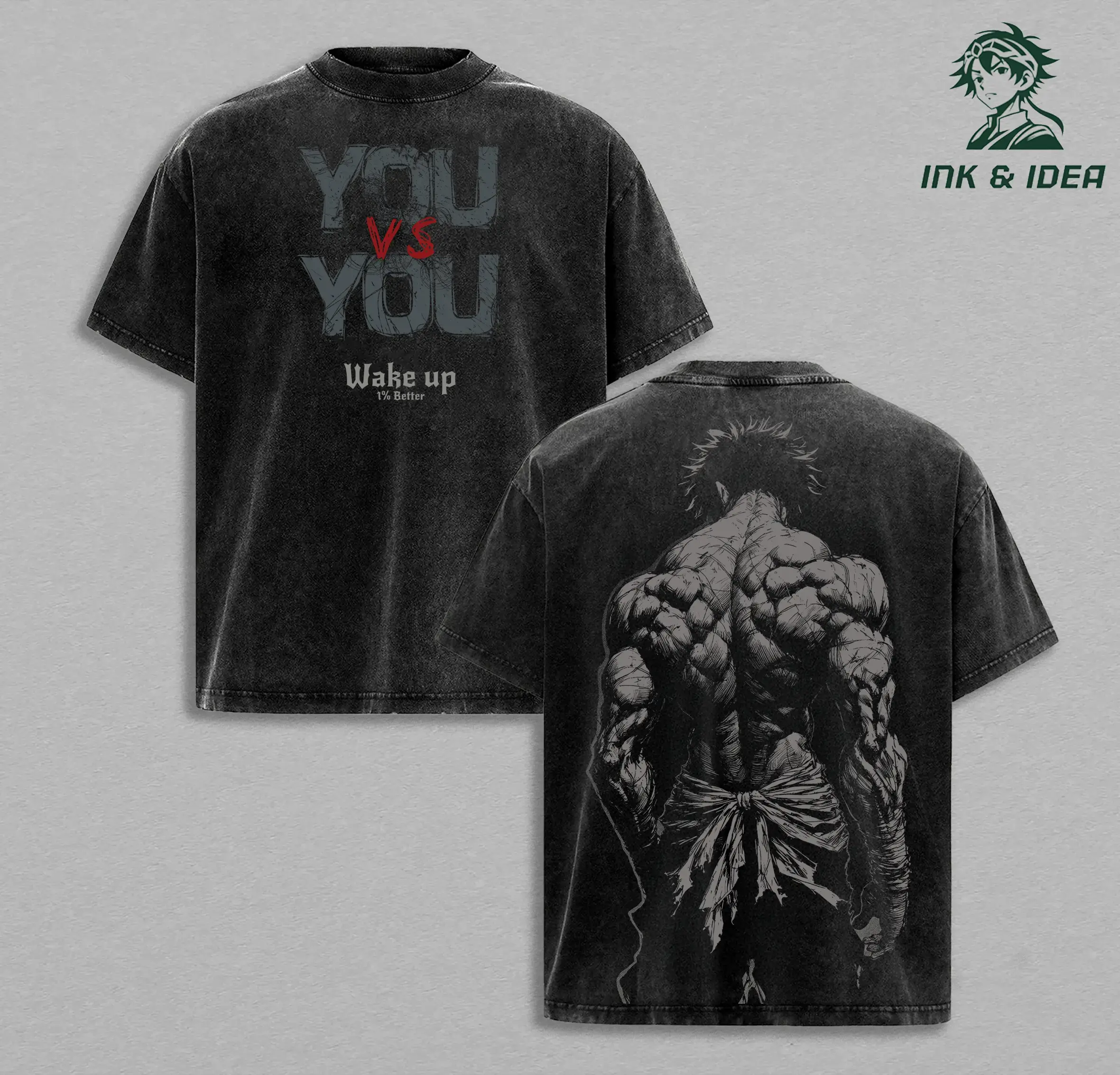 Men's Baki Hanma Vintage Washed Short-Sleeve T-Shirt - Anime Merchandise Menswear, Oversized Gym Pump Cover, Heavy Cotton Casual Graphic Streetwear Fitness Apparel, Shortsleeve, Tshirt