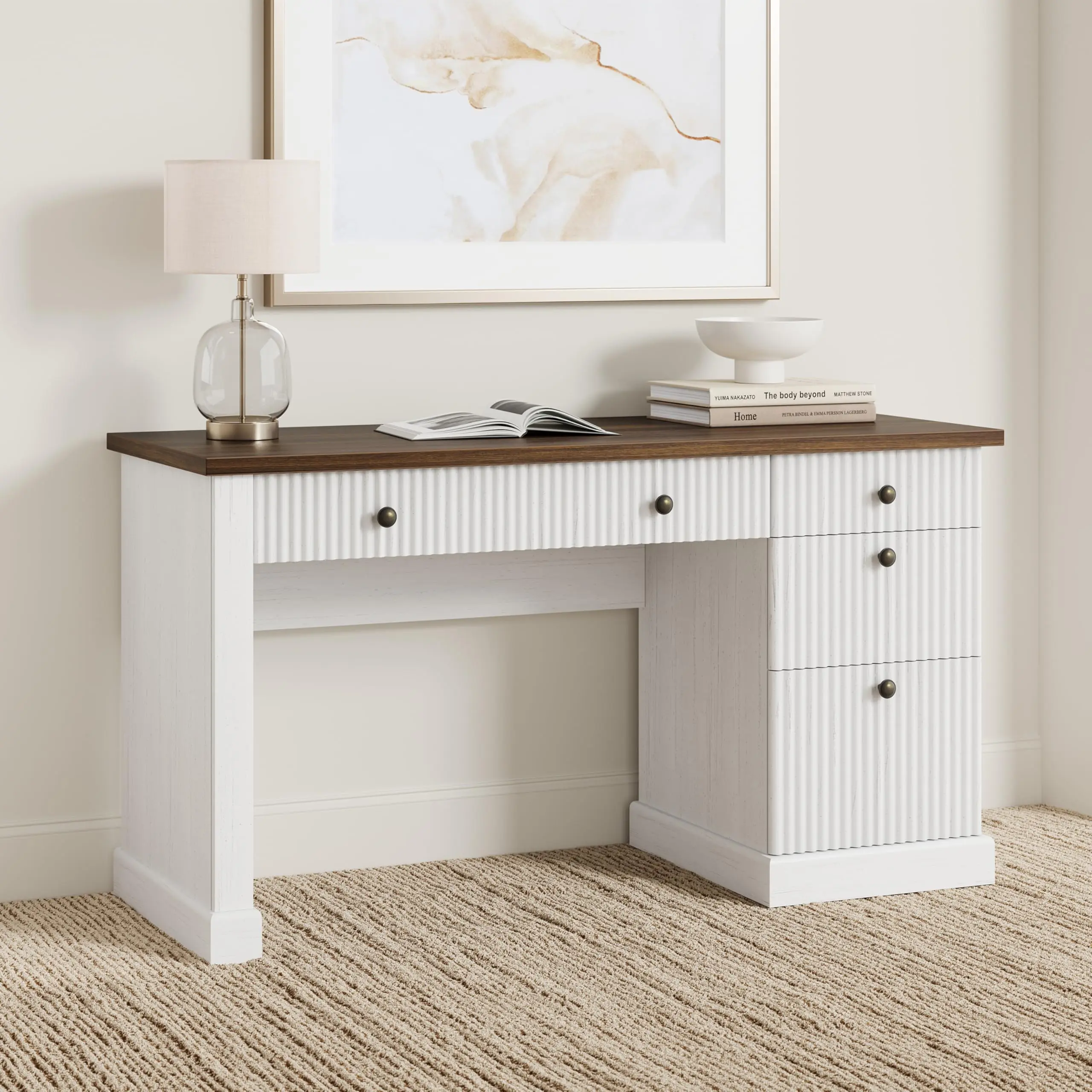 Garvee Durable Space-Saving Computer Cabinet Desk & Workstation - White Modern Simple Design with Double Cabinets, Drawers, Wave Board for Small Home Office Studying, Cabinet Desks & Workstations