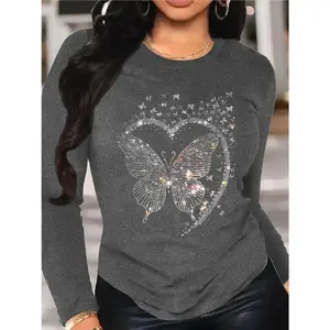 Women's Long Sleeve T-Shirt Sparkly Rhinestone Butterfly and Heart Graphic Tee Glamorous Top for Casual Daily Wear and Night Outfits
