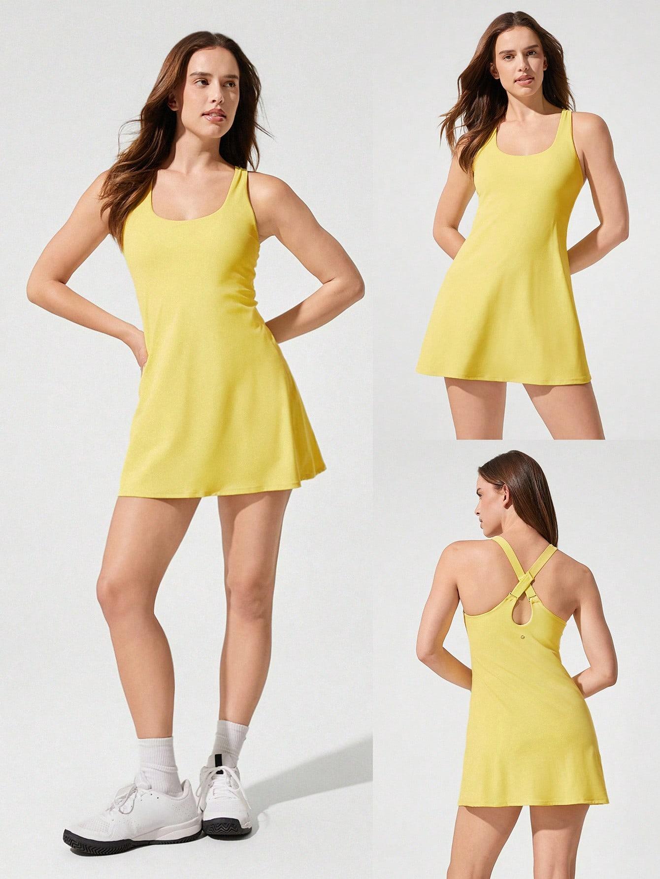 GLOWMODE FeatherFit-Air Peekaboo Strappy Dress With Built-In Anti-Slip Shorts Low Impact Yoga Summer Dress Quick Dry Moisture Wicking