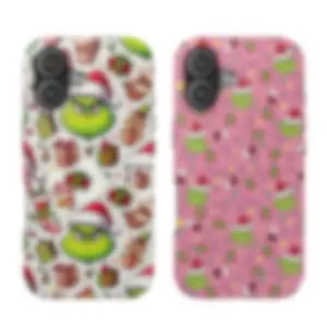 Aesthetic Grinchy Christmas Phone Case, Xmas Movie Cover for iPhone 17 16 15 14 13 12 11 Air Pro Max & for Samsung Galaxy S25-S21, Shabby Chic Gingerbread Cover, Pinkcore Couple Gift for Her/Him