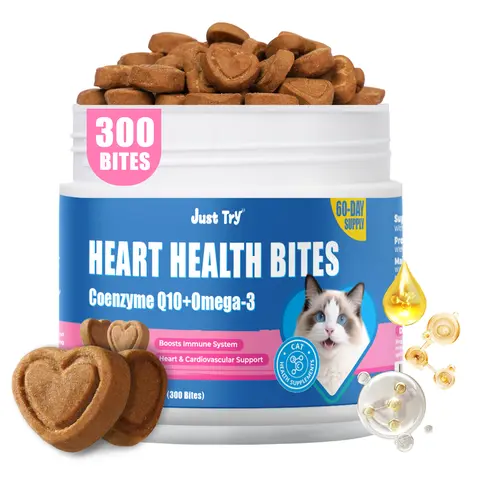 JUST TRY Chicken Flavor Cat Heart Support Treats with Taurine & Coenzyme Q10, 12 Months Supply, 300 Bites 6.35 OZ Indoor Cat Cardiovascular Supplements