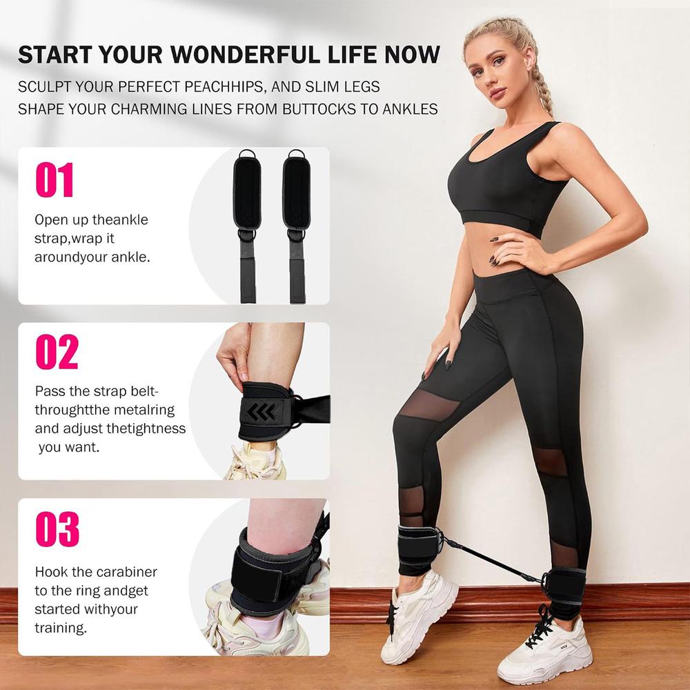 Ankle Cuff Resistance Bands Set, black firm ankle cuffs with triple-strength latex tubes, carry bag, sports accessories, neighborhood drills outdoor walking exercise tools