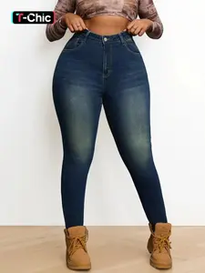 【Plus Size】Solid Button Design Fitted Skinny Jeans, Casual Comfy Retro Vintage Denim Pants for Daily Wear, Women's Bottoms for Summer