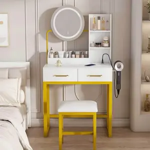 Makeup Vanity Desk with Round Mirror and Adjustable Lights, Modern Design with 2 Drawers and Power Outlet, Ideal Dressing Table for Bedroom