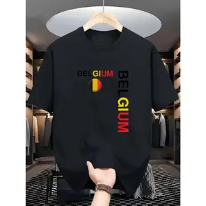 Men'S 2025 Casual Summer Tee - Soft Comfort Black T-Shirt with "BELGIUM" Print, Round Neck, Ribbed Knit, Perfect for Adult, Casual Attire | Casual Style | Ribbed Knit Fabric