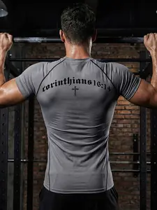 Corinthians 16:14 Cross Print Short Sleeve Compression Shirt for Men, Gym Workout Running Sporty T-Shirt, Summer Quick-Dry Breathable Round Neck Tight-Fit Tees Tops, Activewear Sportswear