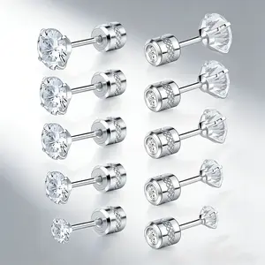 GEMSME 18K Golden Plated Stainless Steel Stud Earrings Set 2-6mm Screw Back Design Cubic Zirconia Hypoallergenic Jewelry for Men Women Valentines Day Gift