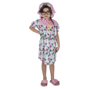Granny Costume Dress For Kids (3-Piece Set)  | White Floral Dress with Headscarf & Hair Rollers - Perfect for Halloween, Pretend Play Fun ,Cosplay & Theme Party