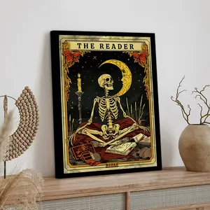 1pc Wooden Framed, The Reader Tarot Print Poster, Vintage Skeleton Reader Tarot Card Wall Art Canvas Painting, Artistic French Print, Book Lover Gift, Witchy Reading Nook Art, Bookish Witchy Library Decor Ideas