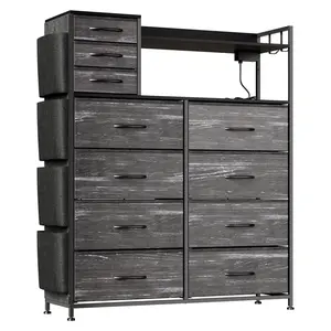 11-Drawer Fabric Storage Dresser with LED Lights and Charging Station — 8 Large Drawers, 3 Small Drawers, Built-in USB and Outlets