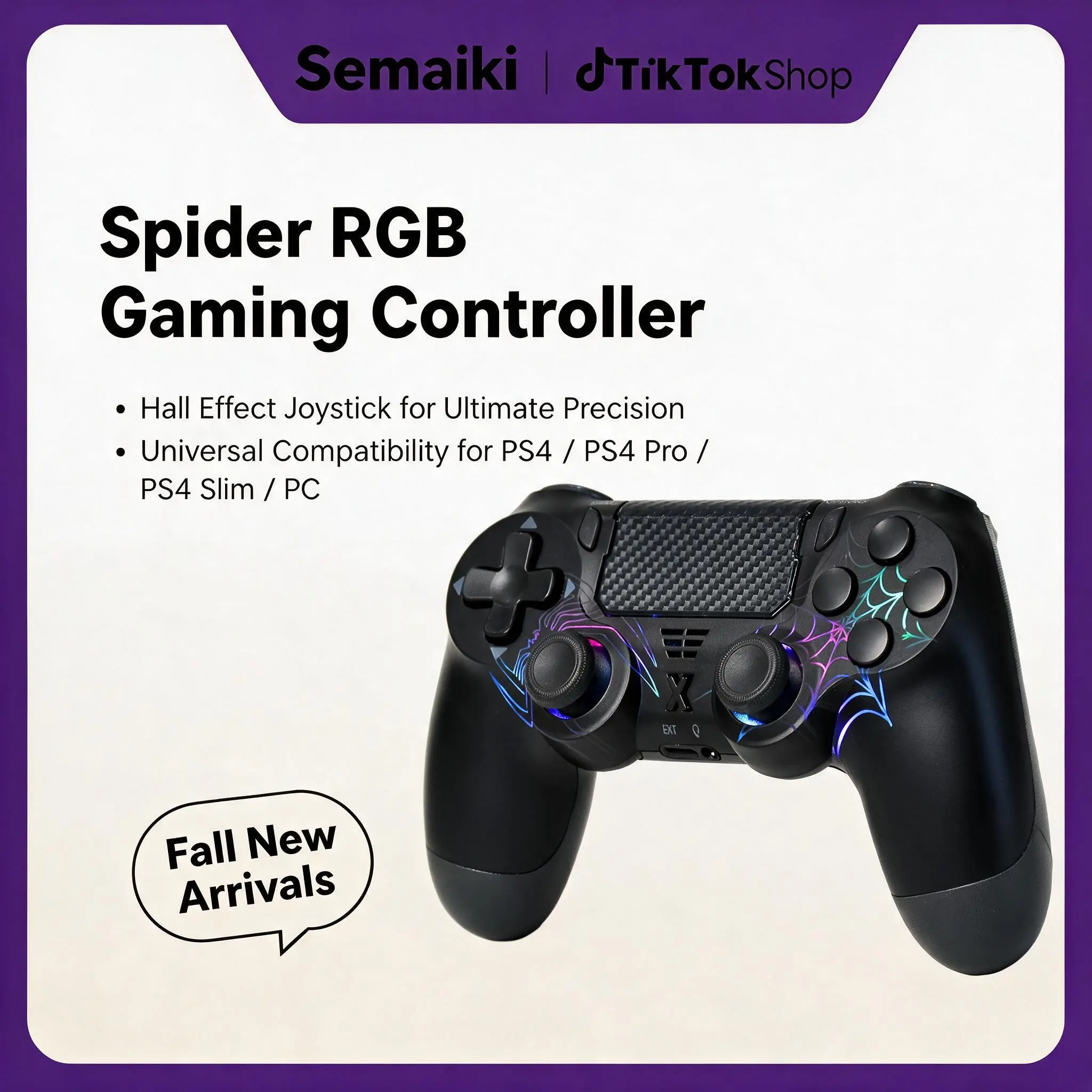 Semaiki PS4 Controller with Hall Effect Joystick, Anti-Drift Precision & Spider RGB Design, Gaming Controller for PS4/PS4 Pro/PS4 Slim & PC