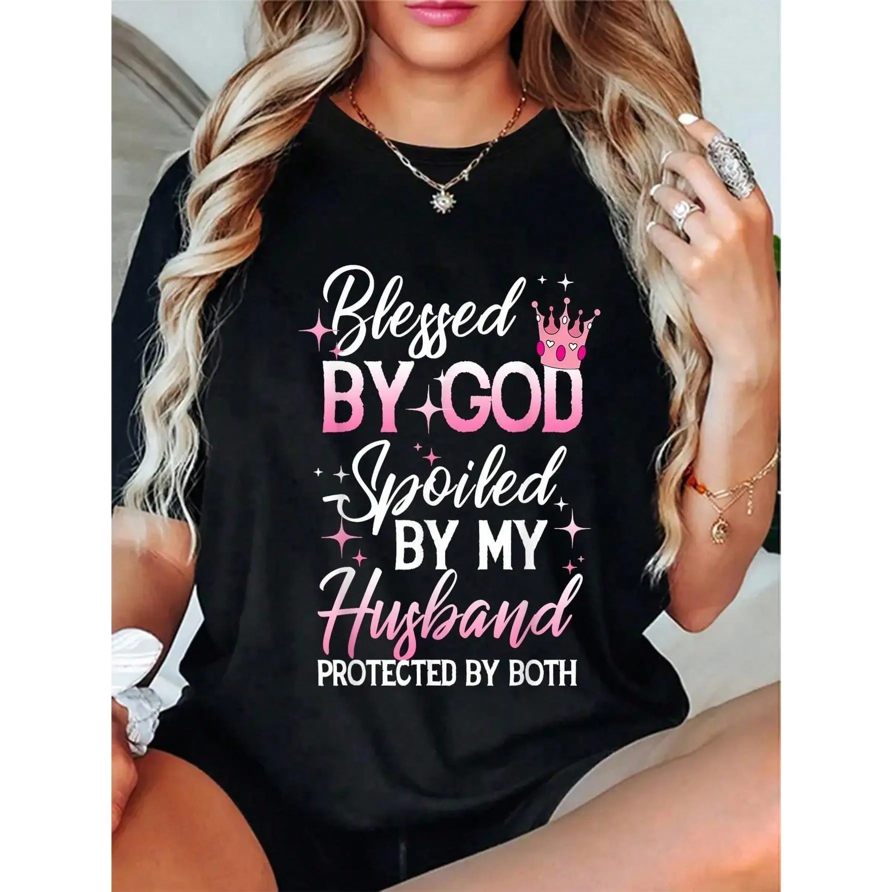Men's Graphic T-Shirt, Casual "Spoiled By God" Slogan, 100% Cotton Drop Shoulder Short Sleeve Top with a Round Neck, Hem