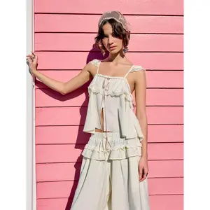 Cider Square Neck Lace Trim Knotted Ruffled Sleeve Blouse