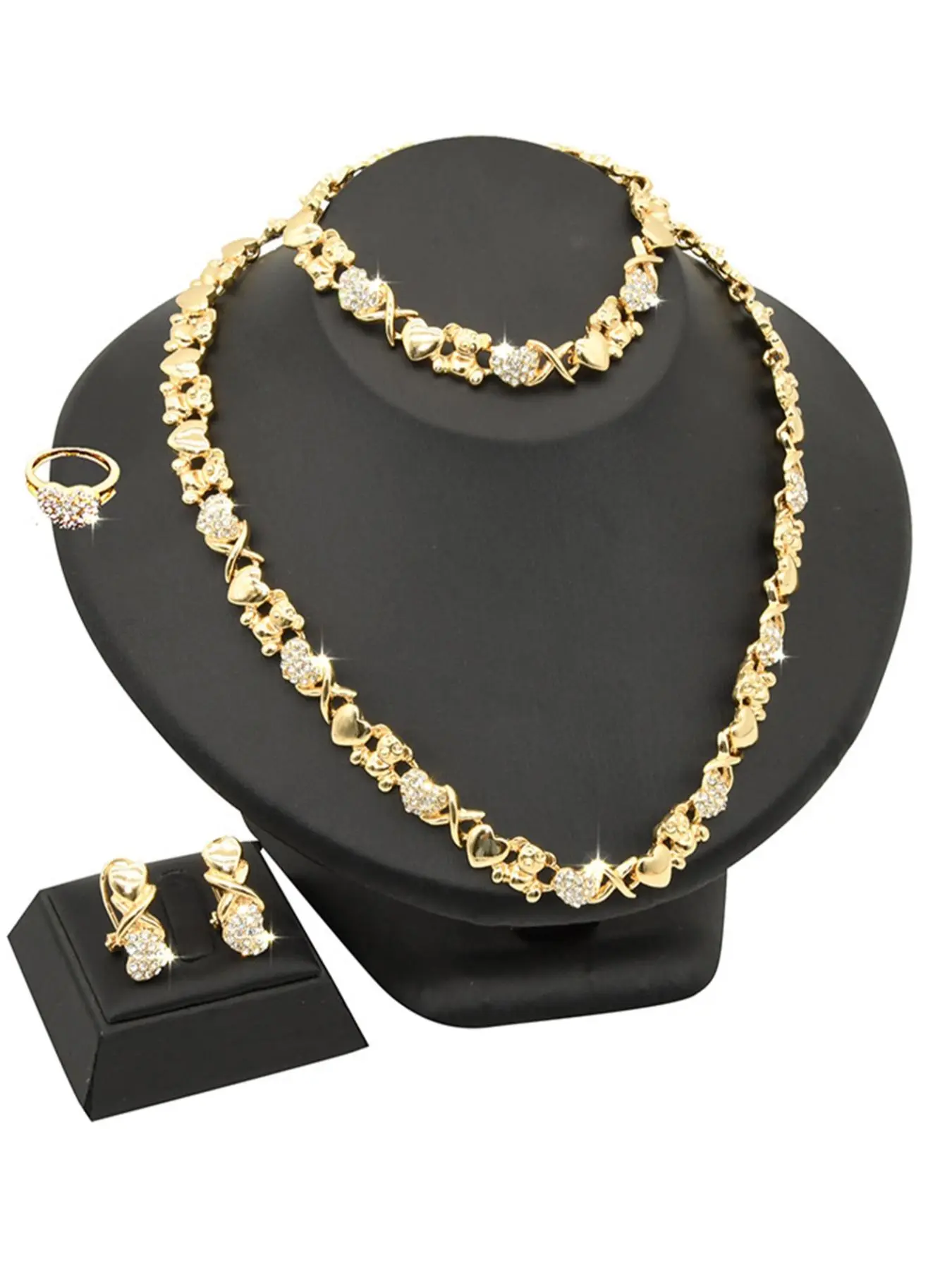 Rhinestone Decor Hearts Pendant Necklace & Dangle Earring & Ring & Bracelet, New Jewelry for Wedding Banquet, Trendy All-match & Exquisite Jewelry for Birthday Gift, Earrings Set, Matching Jewelry Set, Jewellery Gift Set