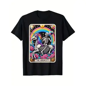 100% Cotton The Audacity Funny Tarot Card Sarcastic Skeleton T-Shirt Selected pure cotton interesting design DIY short sleeve t-shirt for men, soft and breathable