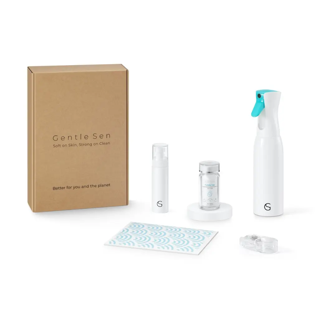 Gentle Sen FAMILY TAB KIT - 100 HOCL Tablets, Refillable Spray Bottle - Household Surface Cleaner for Kitchen, Bathroom, Glass, Stainless Steel, Toys & Pet Supplies | Lab Tested - No Harsh Chemicals & Safe for Pets & Babies - Everyday Household Essentials
