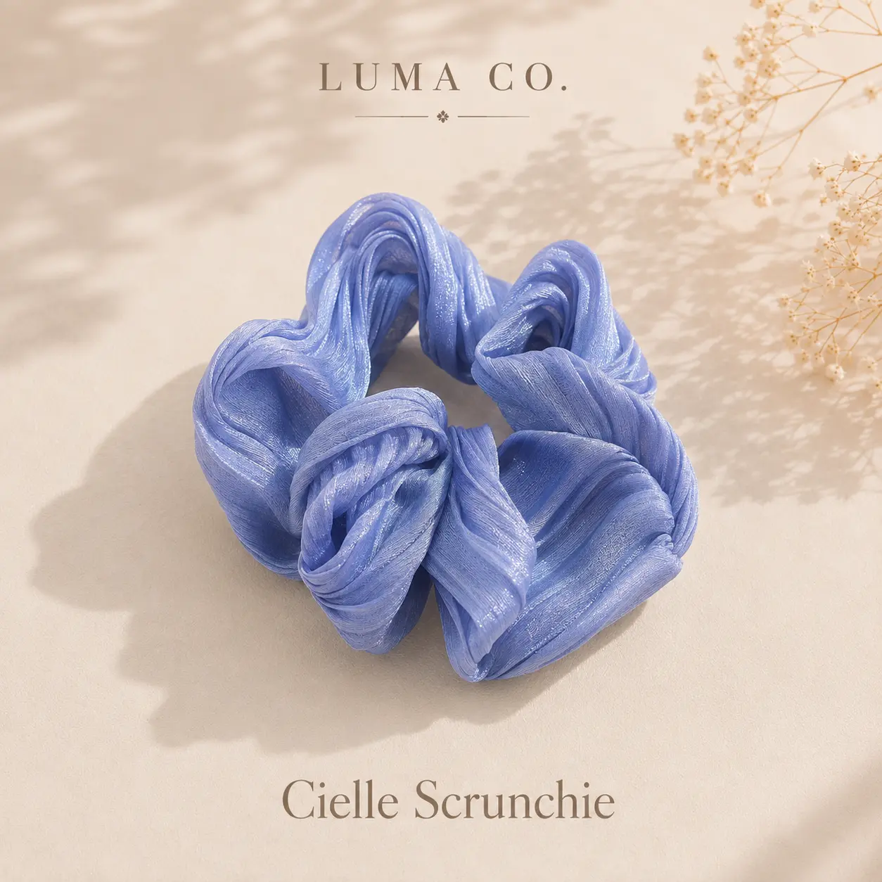 Cielle Cloudlight Blue Satin Hair Scrunchie - Plain, Satin Finish Hairbands & Scrunchies, Airy Ruched Hair Tie with Fluid Folds for Everyday Use