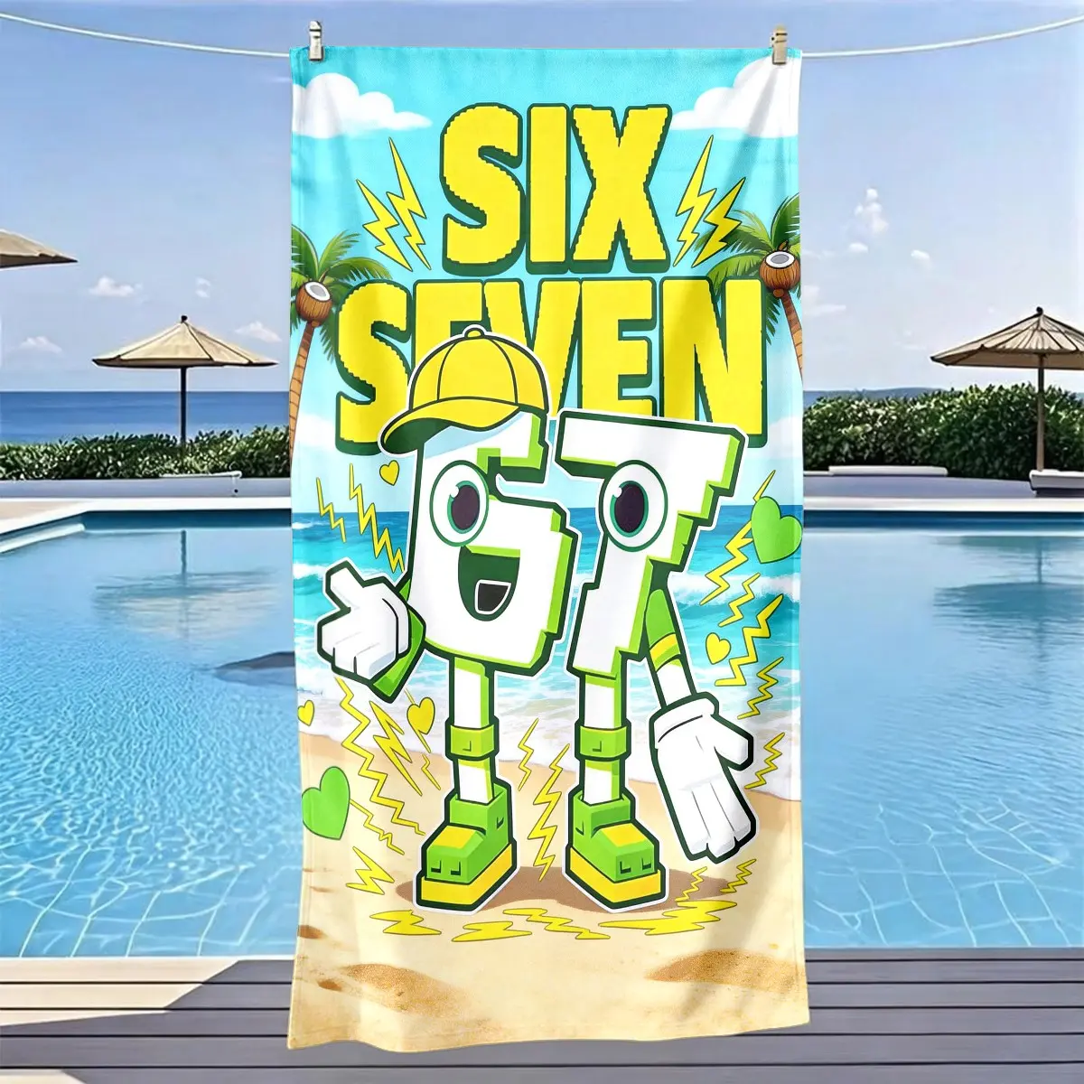 Cartoon Number 67 Fun Theme Beach Towel, Quick Dry Super Soft Polyester Fiber, Multi-Purpose Swim Travel Essential, Large Size Gift, Quick Drying Towel, Multifunctional Towel, Quick Dry Towels