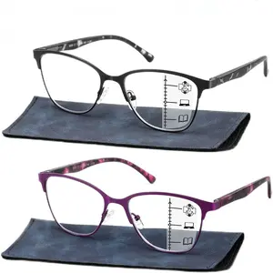 Progressive Multifocal Reading Glasses Women Cat Eye No Line Multifocus Transition Blue Light Reader Lady Metal Frame