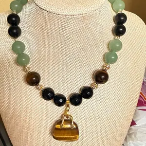 Celestone Green Adventurine Black Onyx with Tiger Eye Pendant Necklace for Women