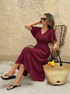 Wine Color V Neck Waist Cinching Flowy Womenswear Dress, Ruched Short Sleeves, Elastic Waistband, Drapey Fabric, Casual Chic Vacation or Date Night