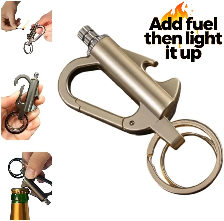Multifunctional Keychain Lighter with Bottle Opener - Permanent Matchless Lighter Suitable for Camping, Hiking, Power Outage Use Waterproof Outdoor Lighter with Carabiner Clip No Kerosene Included (Black *2)