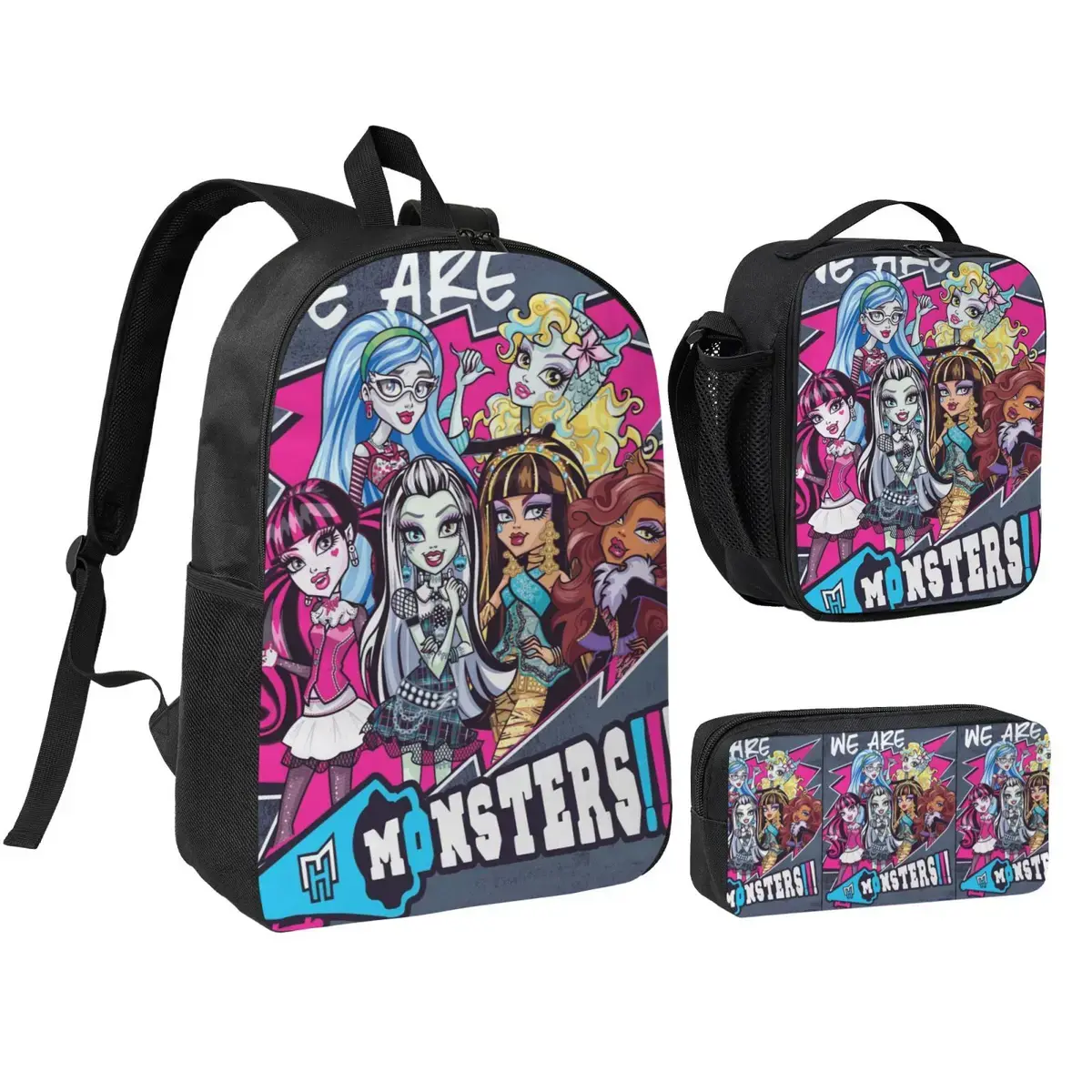 Monster High Lightweight Backpack Set With Lunchbox And Pen Pouch For A Great Backpack Traveling 17inch Rucksack Draculaura Daypack Cleo de Nile lunchbag