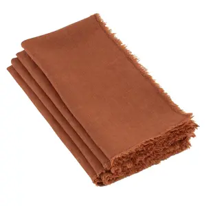 212 MAIN 20 in. Graciella Square Fringed Edge Stone Washed Linen Fiber Napkins - Terracotta, Set of 4, Home Tableware Kitchen Linens for Dinner Table Use