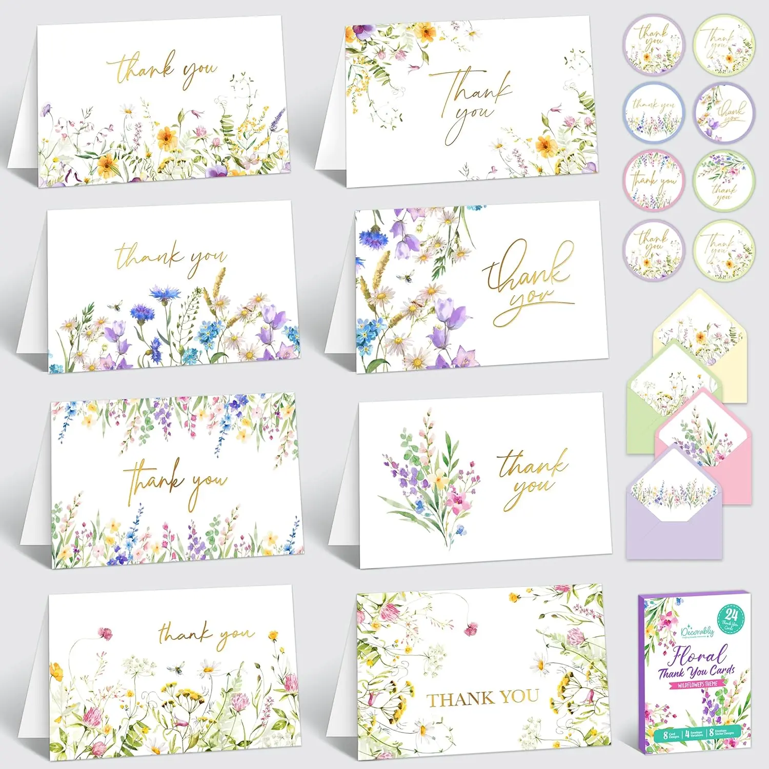 Gold Foiled  24 Pack 6x4in Floral Thank You Cards with Envelopes and Stickers 8 Wildflower Designs Thank You Cards with Envelopes Floral Watercolor Prints Blank Inside All Occasions