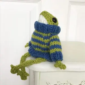 Hand Knitted Frog Toy in Striped Sweater - DIY Knit Crochet Yarn Craft, Cute Birthday Gift for Moms