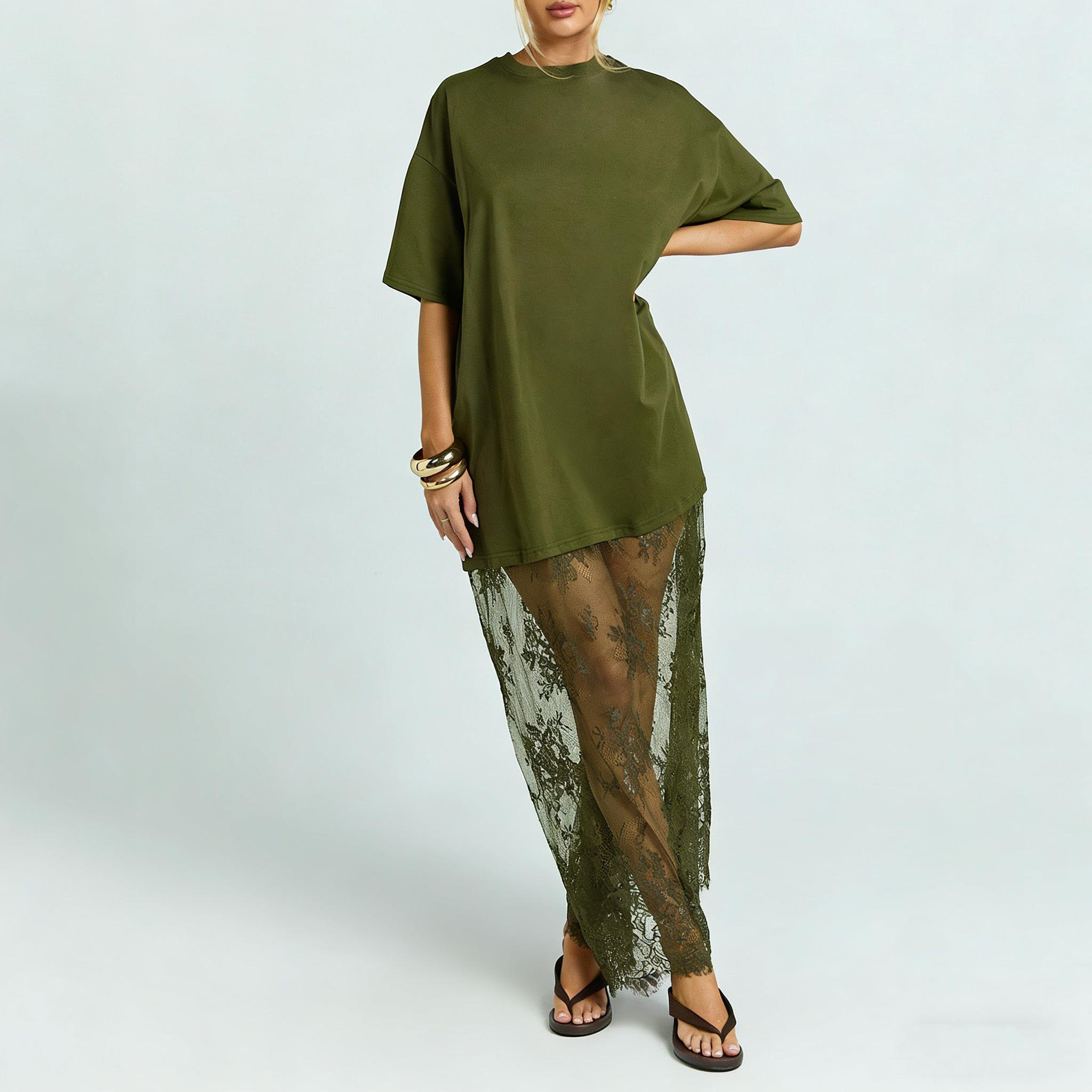 Mntaor Women's Black Oversized T-Shirt Maxi Dress with Sheer Lace Hem Drop Shoulder Short Sleeve Perfect for Street Style