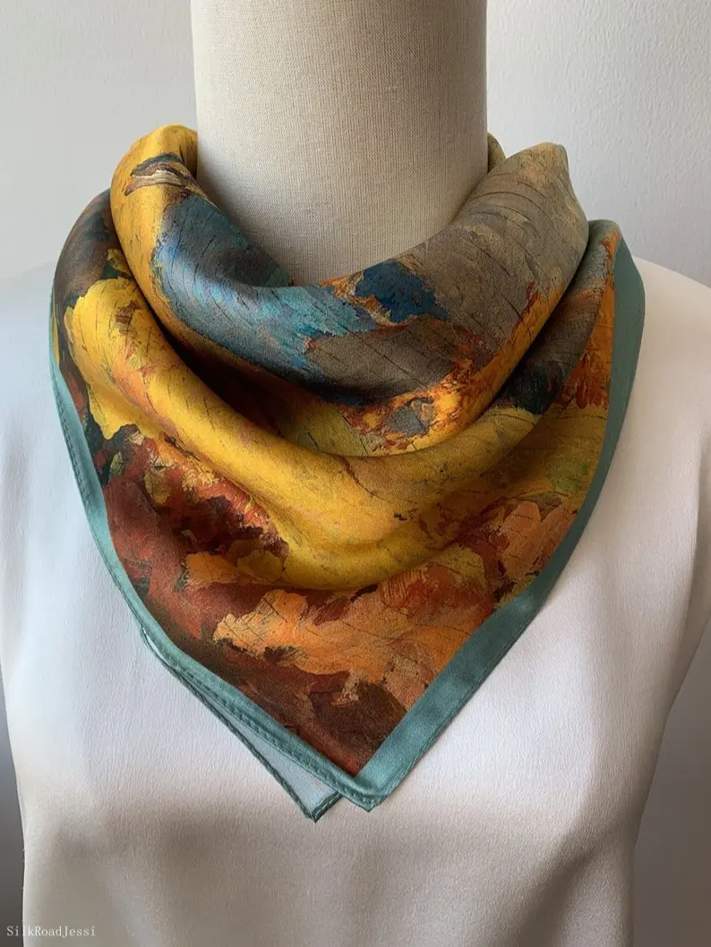 Mulberry Silk Scarf: Autumn Scenery Neckerchief (26" x 26")