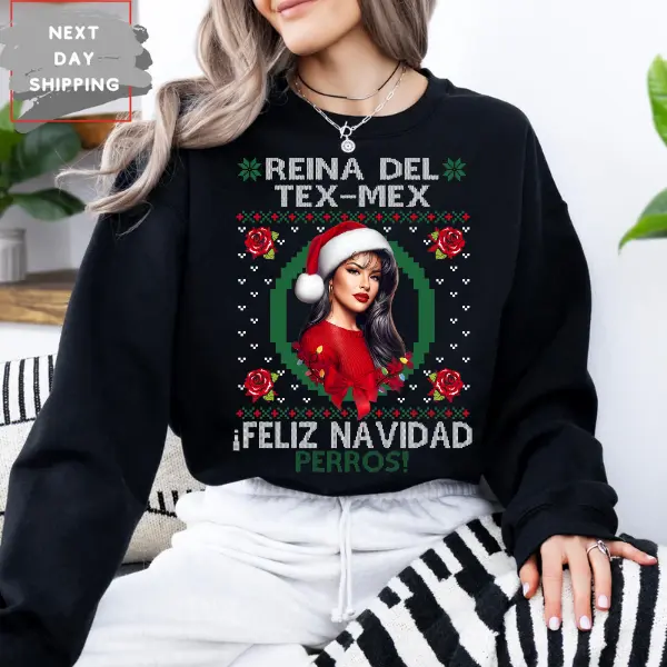 Reina Del Tex - Mex Sweatshirt, Selena Quintanilla Sweatshirt, Christmas Crewneck Graphic Selena Sweatshirt, Retro Gangster Mexican Streetwear, Mexican Merry Christmas Top, Full Color Casual Streetwear for Men & Women