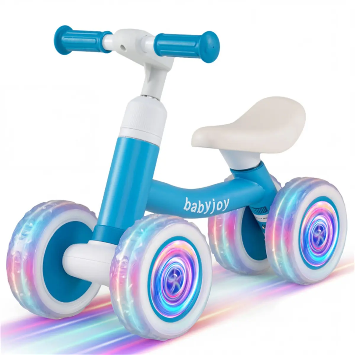 Kids 4-Wheel Balance Bike with Light-Up Wheels, Adjustable 3-Level Height, Steering Limiter | Toddler Push Ride-On Bike (Blue)