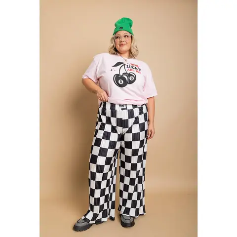 Checkered Plisse Pants - Black