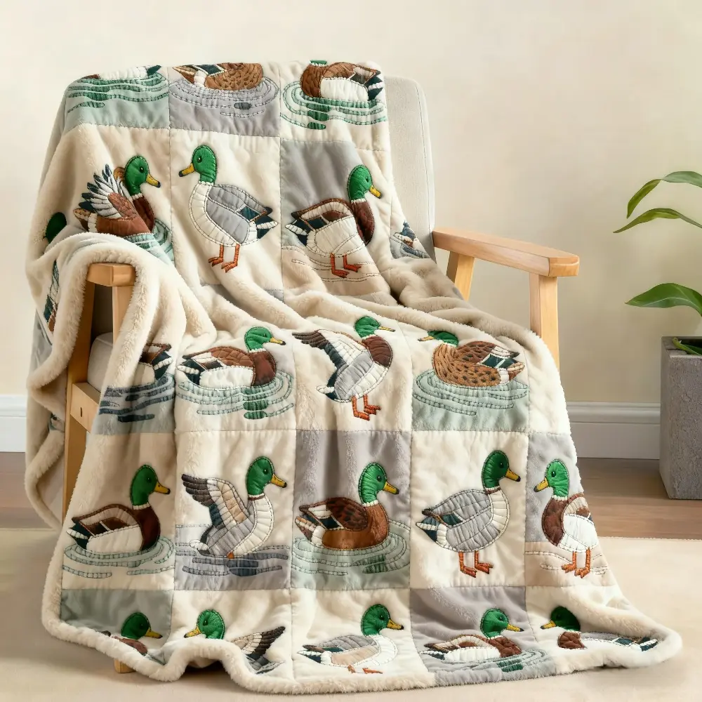 1pc Quilted Flannel Blanket with Mallard Print, Soft Comfy Blanket, Soft, Lightweight & Warm Versatile Throw for Sofa, Bed, Office or Camping, All-Season Gift, Soft Blankets, Warm Bedroom Blanket, Cozy Throw Blanket
