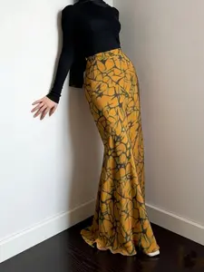 Muslim Women Two-Piece Set, Long Sleeve High Neck Conservative Modesty Top, Abstract Print Satin High Waist Mermaid Dress, No Headscarf Included