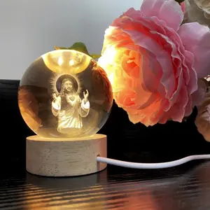 Crystal Ball Jesus Figurine Wooden Frame Base Glass Ball Figurine Religious Collection Home Decoration Gifts Ornaments Glow with LED Colorful Light Base and USB Charging Port