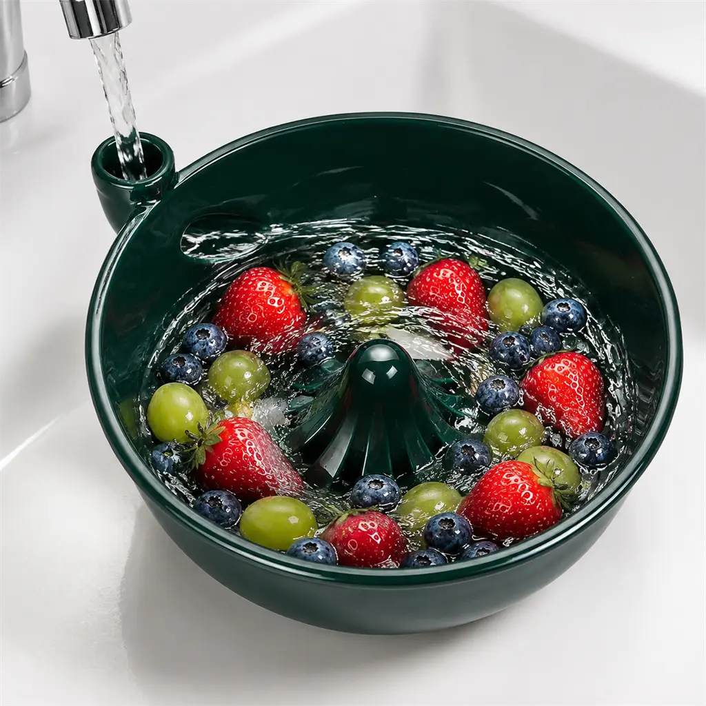 Ceramic Berry Washing Bowl with Swirl Drainage and Raised Centre Cone, 7.9 Inch Kitchen Colander for Rinsing and Serving Strawberries, Blueberries, Grapes, Tomatoes and Fruit, Glossy Green