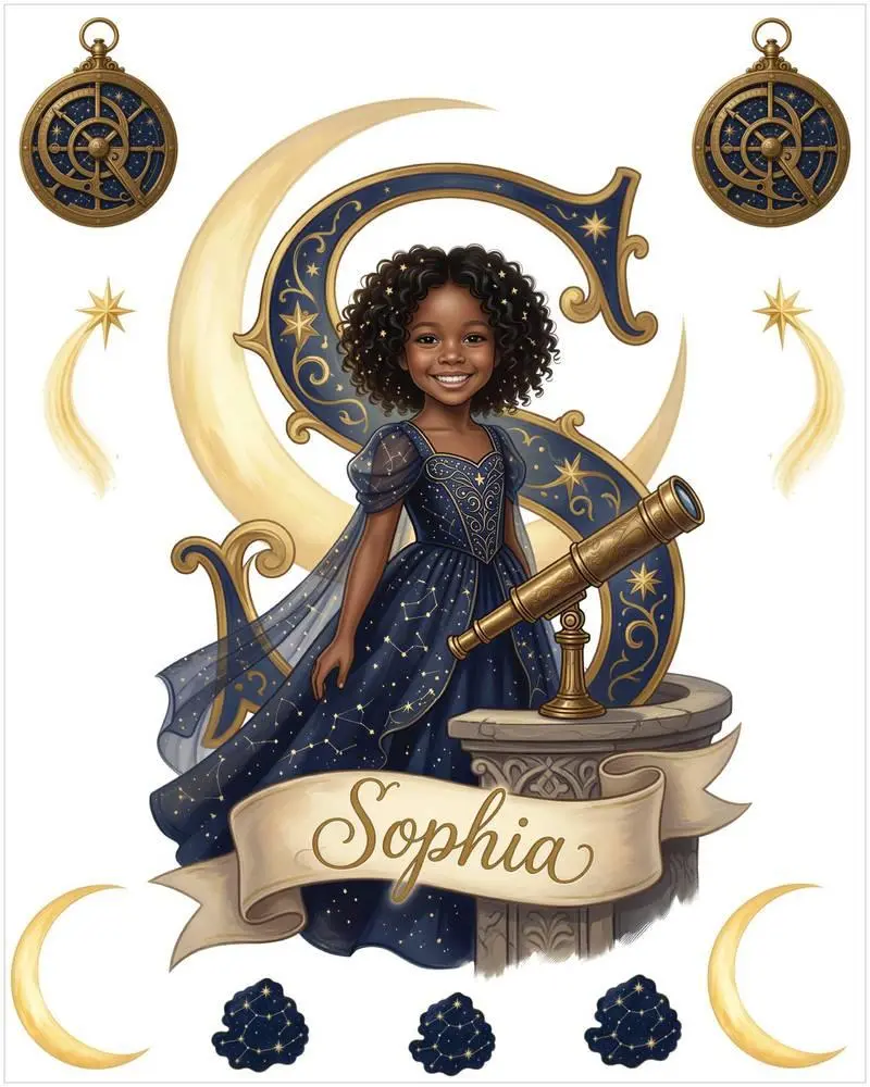 Personalized Princess Wall Decal Set, Custom Girl Portrait from Photo, 10 Piece, Starlight Sky