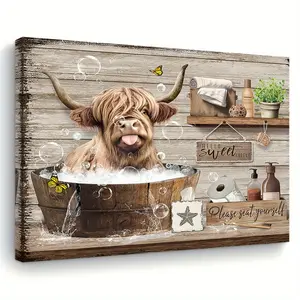 Charming Highland Cow Cute Cow Pattern Canvas Art - 11.8"x15.7" Wooden Frame Wall Decor, Suitable for Living Room, Bedroom, Kitchen, and Office - Perfect Gift Idea, Ideal for Room Decoration