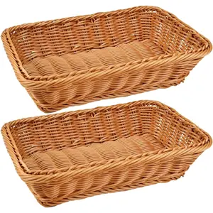 2 Pack 12 Inch Rectangular Poly Wicker Bread Baskets, Durable Woven Serving Basket for Fruits, Vegetables Bread Indoor/Outdoor Use in Kitchen, Home, Restaurant