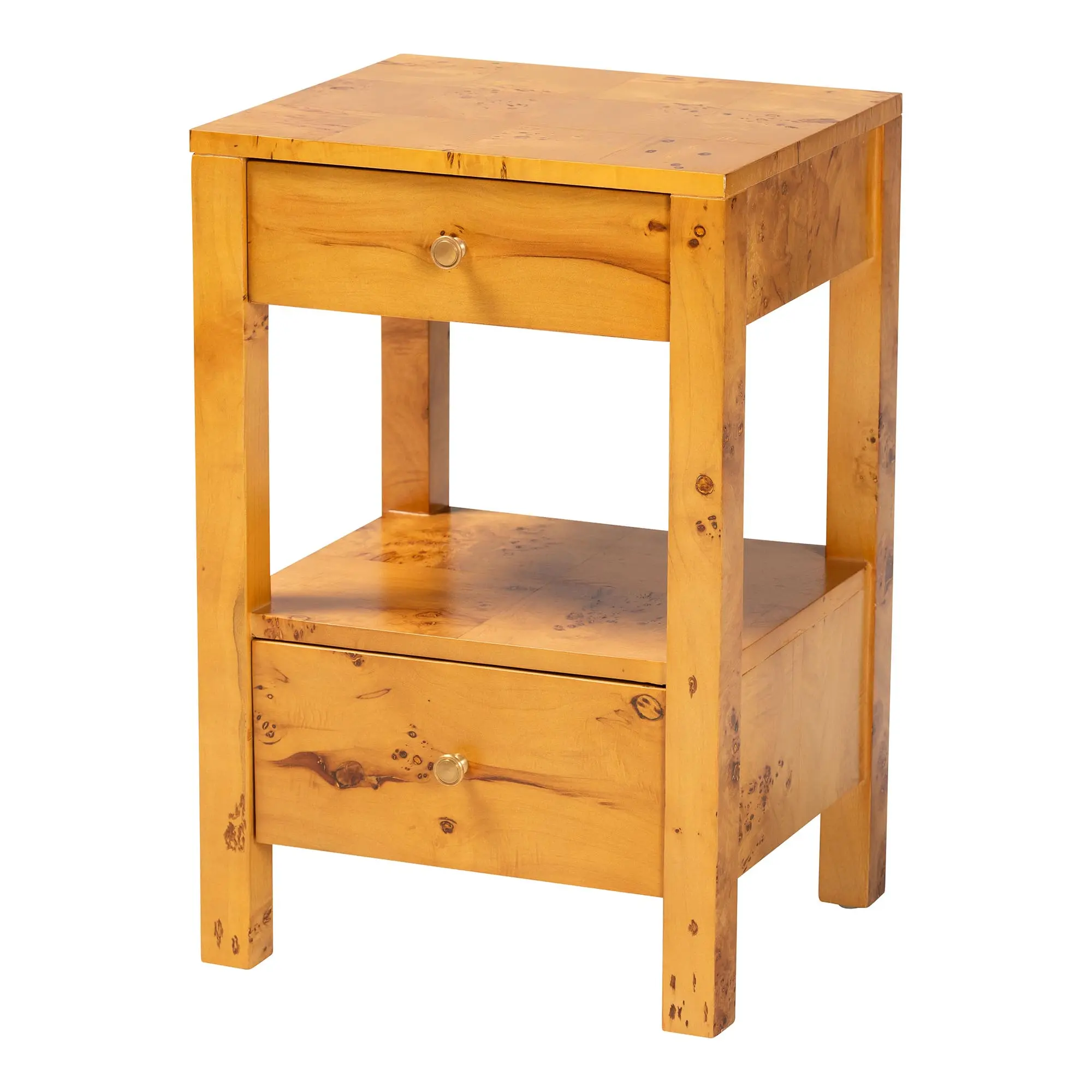 Bali & Pari Azmi Modern 2-Drawer Nightstand, 15.70" W x 13.80" D x 24.00" H Light Mappa Burl Wood Veneer Bedroom Furniture, Fully Assembled Bedside Cabinet with Burl Wood Veneer/MDF(Frame)/Mindi Wood(Legs)/Plywood(Drawer)