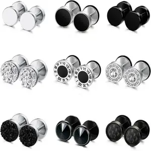 3 pairs/9 pairs 8mm Stainless Steel Stud Earrings, Fashionable Fake Gauge Earrings for Men & Women, Round Cheater Plug Earrings, Faux Gauges Ear Tunnel, Mens Earrings