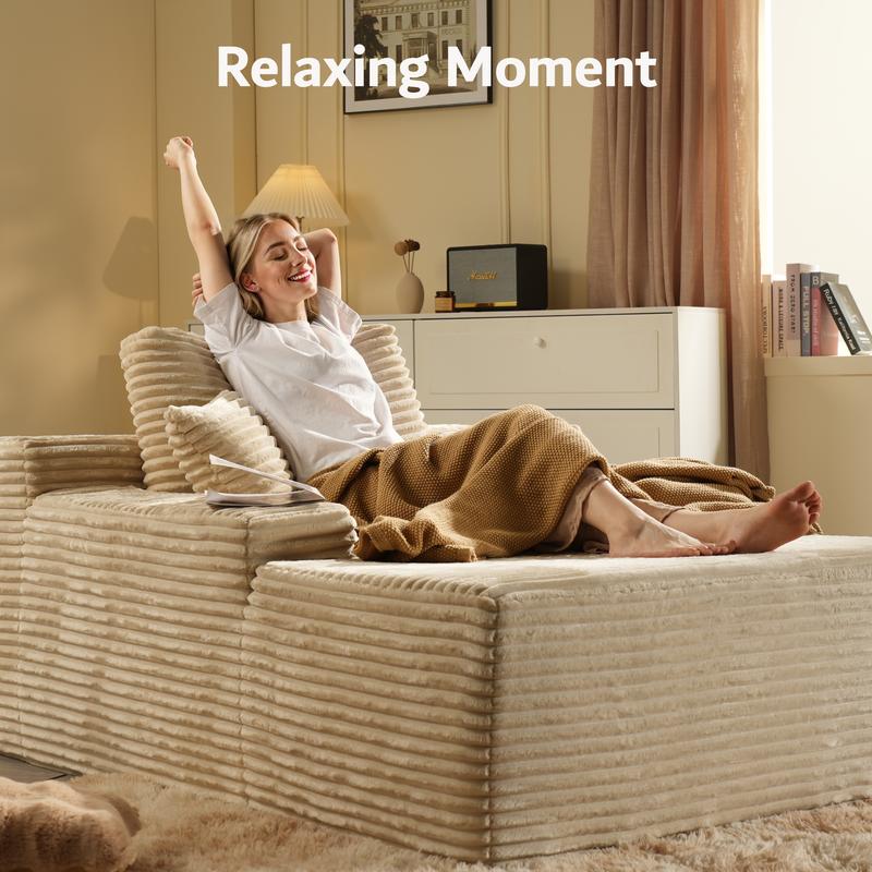 【Jumpstart Sale】Ovios 49'' Boneless Chaise Lounge with Cup Holders, Upholstered Sofa Bed with Throw Pillows and Armrests, Indoor Sleeper Chair- Luxurious Plush Corduroy Chair Bed for Living Room - No Assembly Required