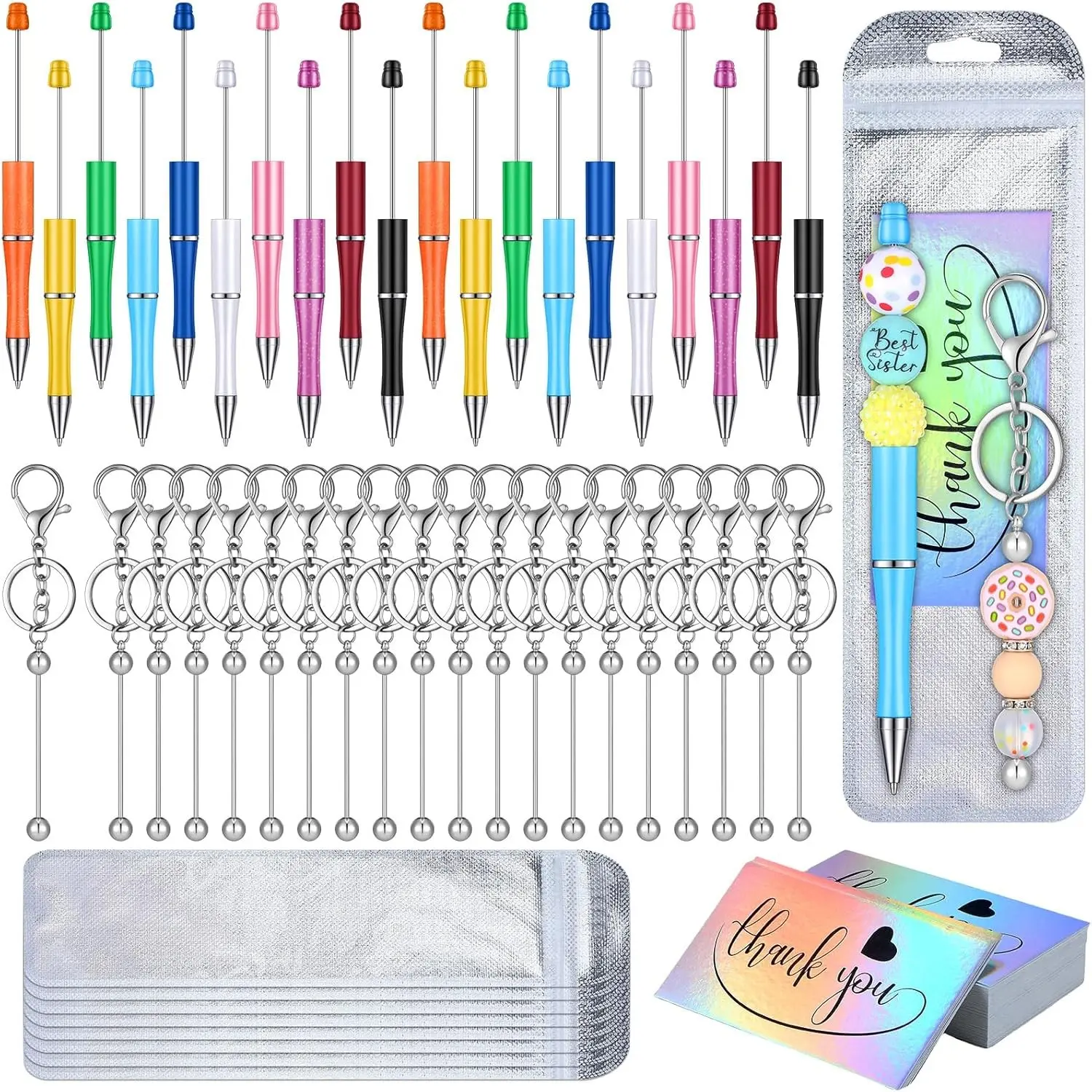 DIY Beadable Pen and Keychain Making Kit, Includes 20 Aesthetic Pens, 20 Keychain Bars, 20 Gift Bags and 20 Cards (80Pcs Total)