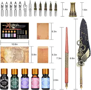Quill Pen Ink Set Including Mechanical Feather Pen and Wooden Dip Pen, 5 Colors of Ink, 12 Replacement Nibs, Pen Holder, Envelope and Letter Paper